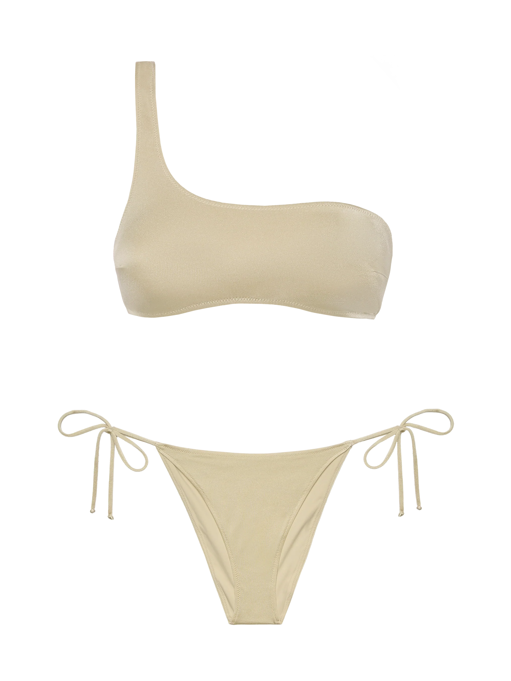 Bikini Celestine Virgo in shimmer oro con top a bralette monospalla e slip classici