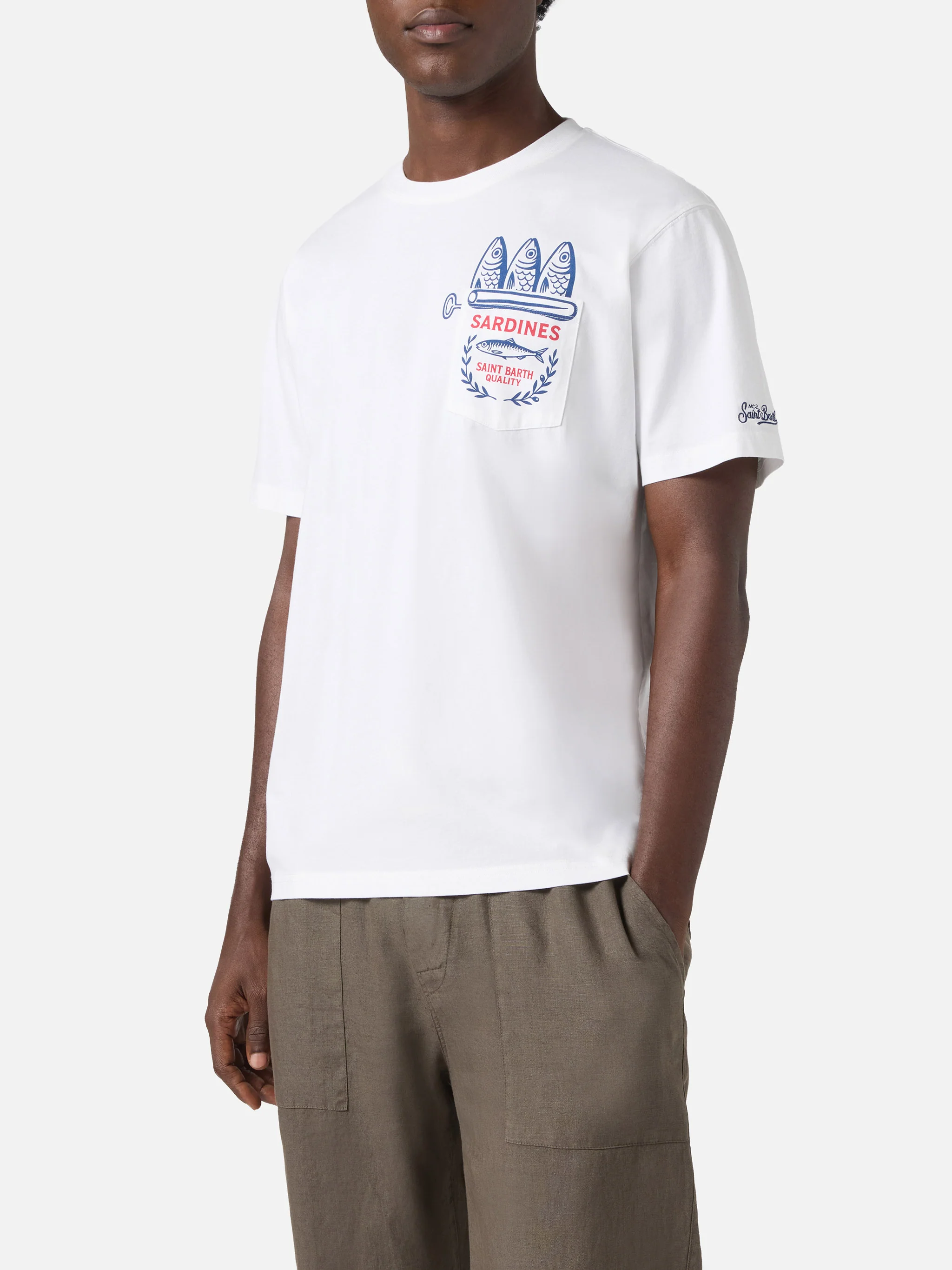 White Austin T-shirt with Sardine illustration - Image 2