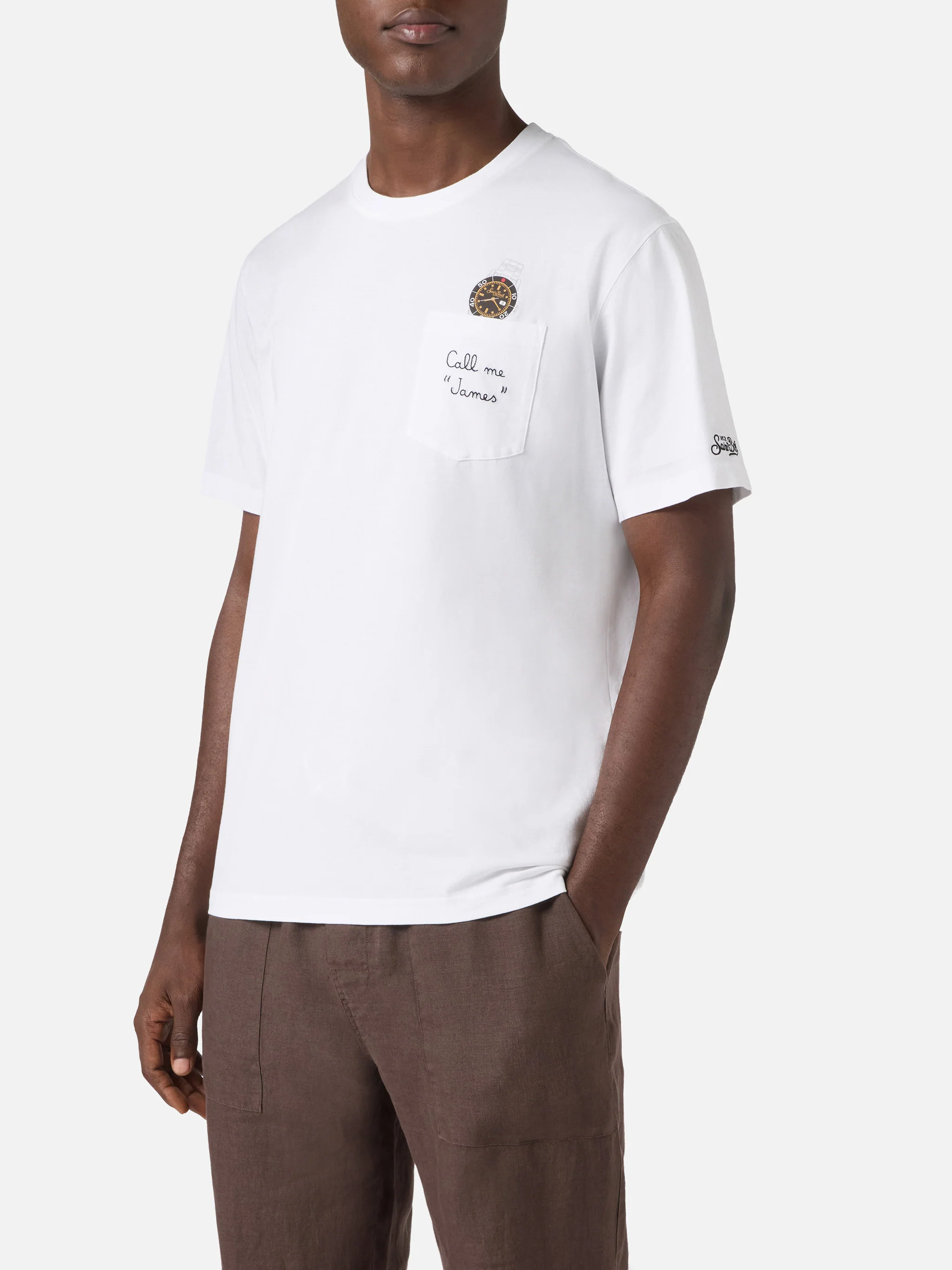 White Austin t-shirt with watch and Call Me James embroidery - Image 2