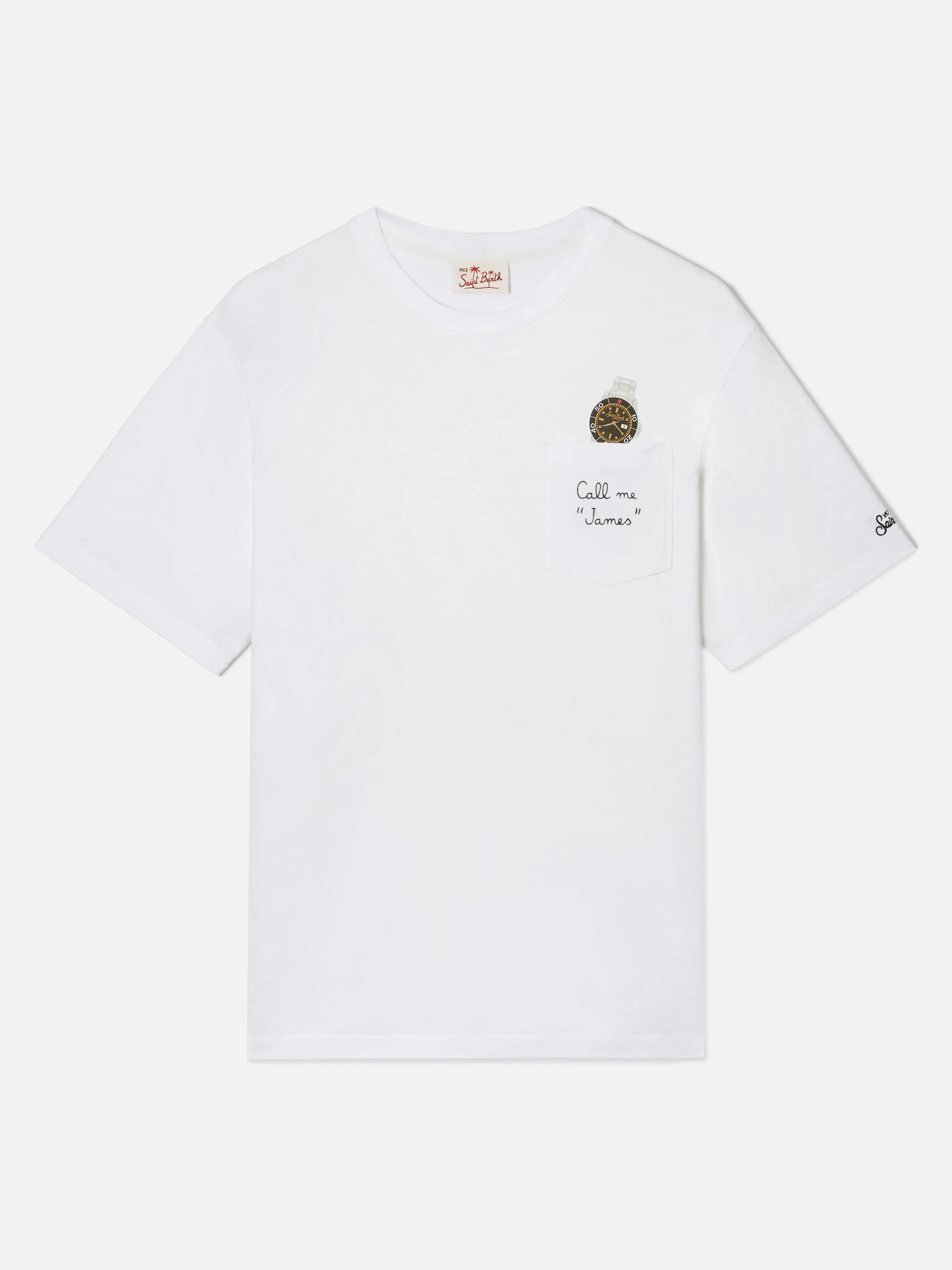 White Austin t-shirt with watch and Call Me James embroidery - Image 4