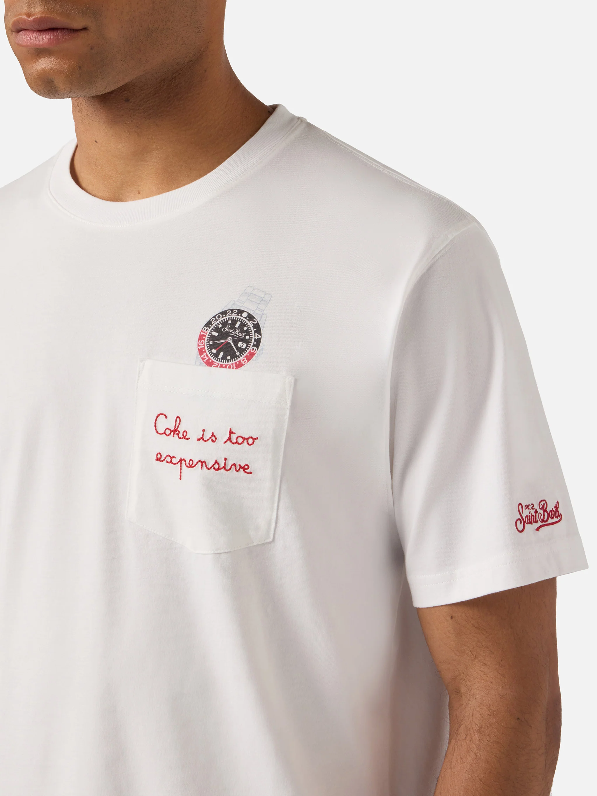 White Austin t-shirt with watch and Coke Is Too Expensive embroidery - Image 2