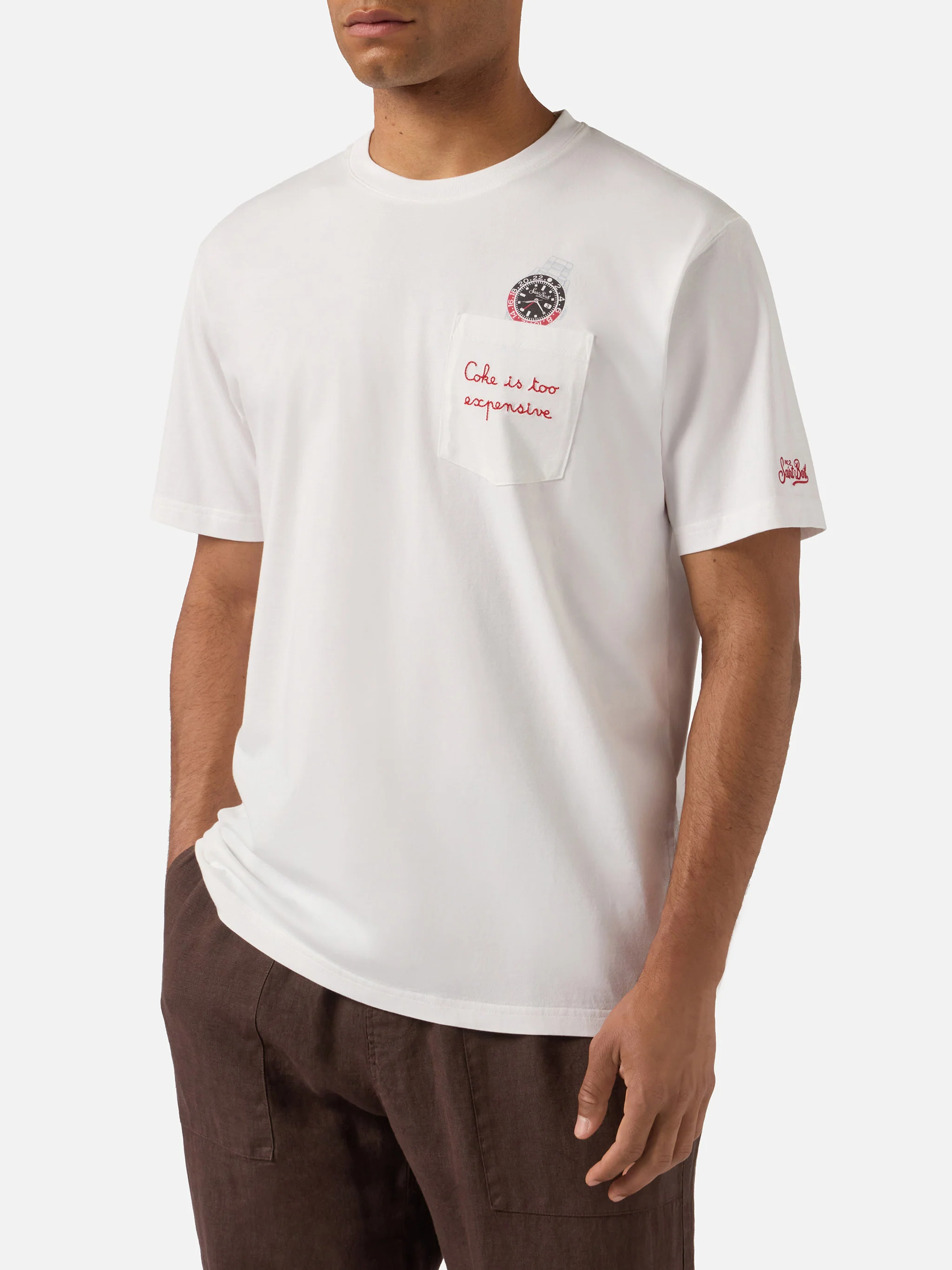 White Austin t-shirt with watch and Coke Is Too Expensive embroidery - Image 3