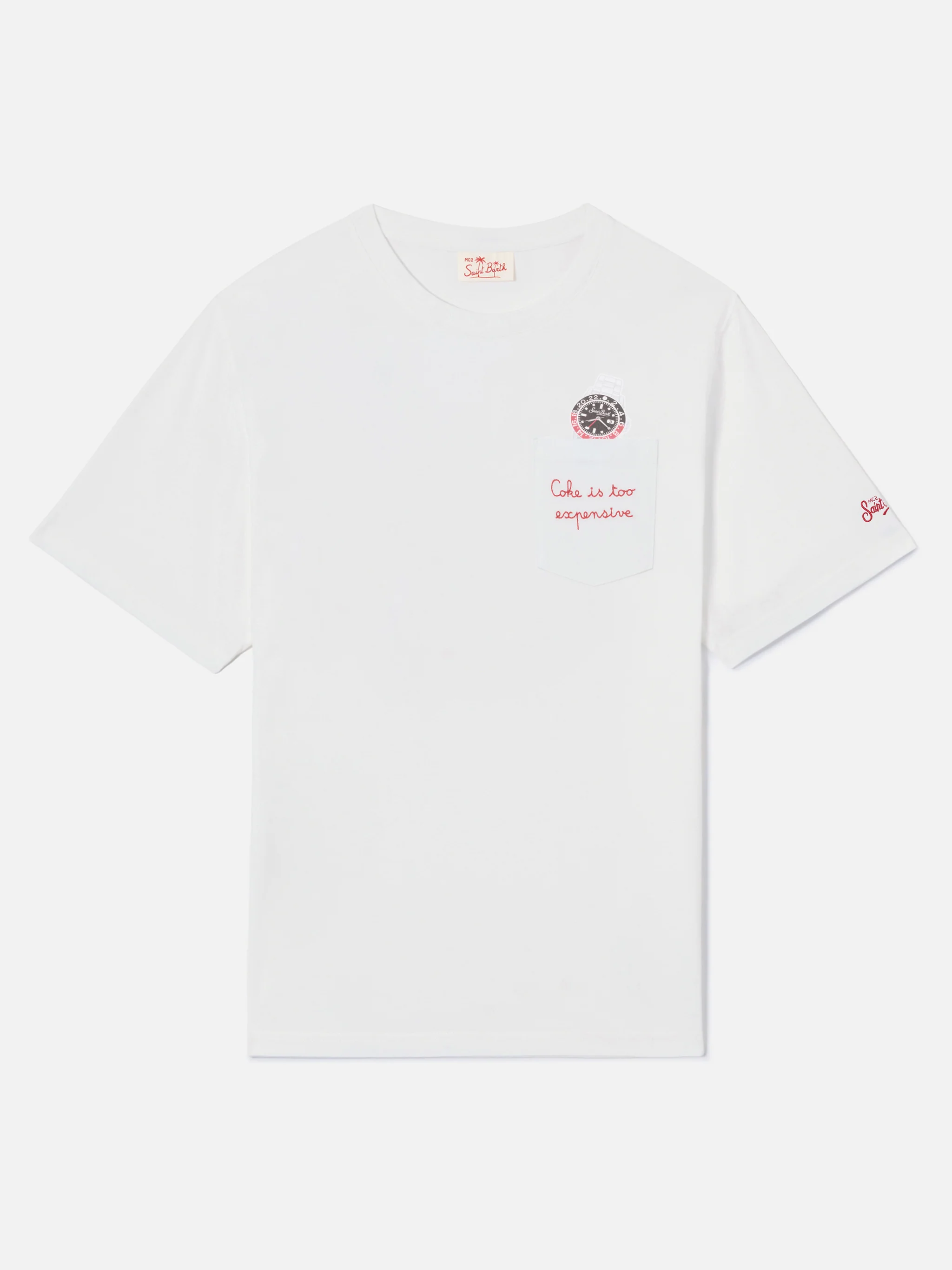 White Austin t-shirt with watch and Coke Is Too Expensive embroidery - Image 5