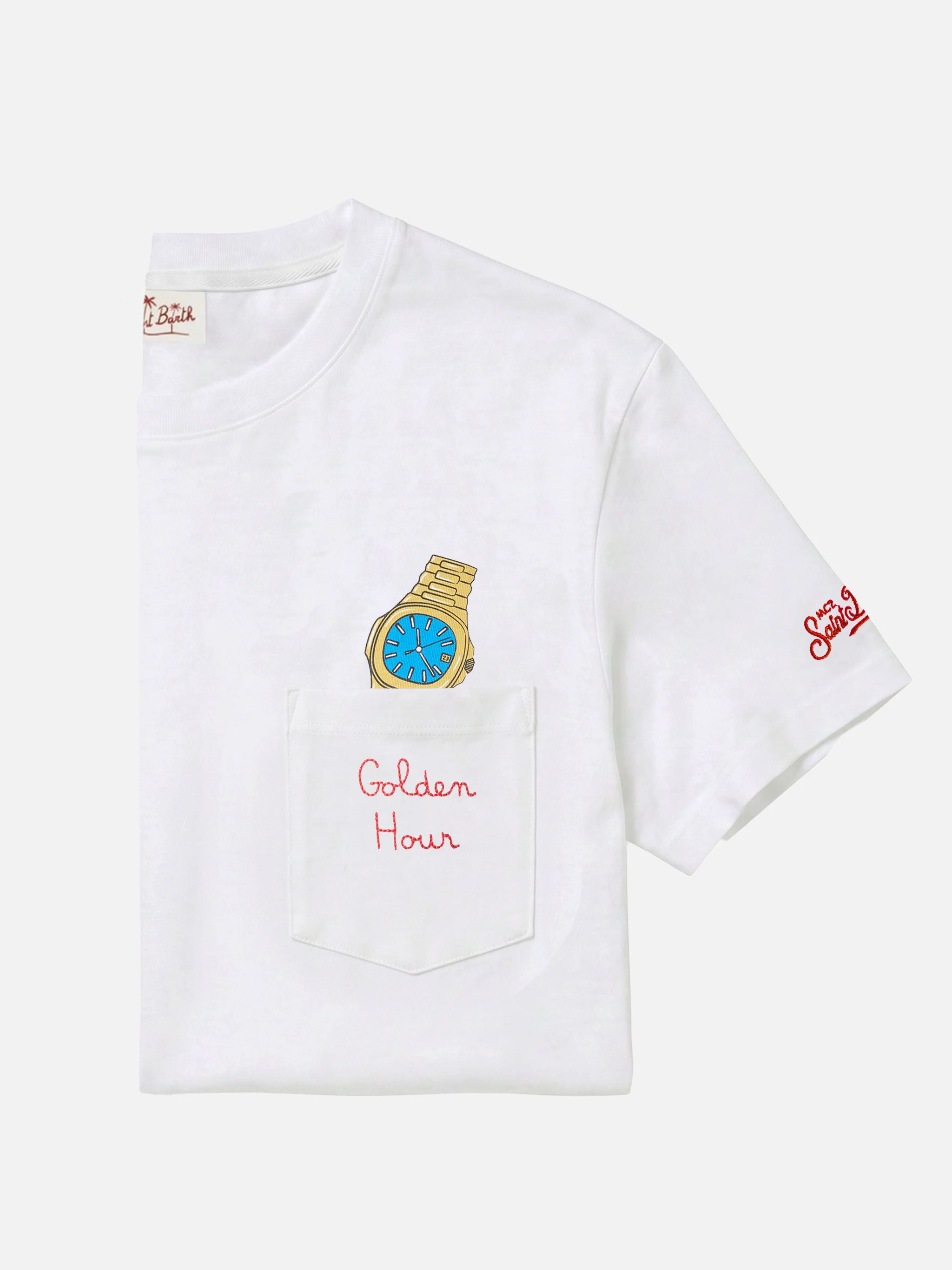 White Austin t-shirt with watch and Golden Hour embroidery