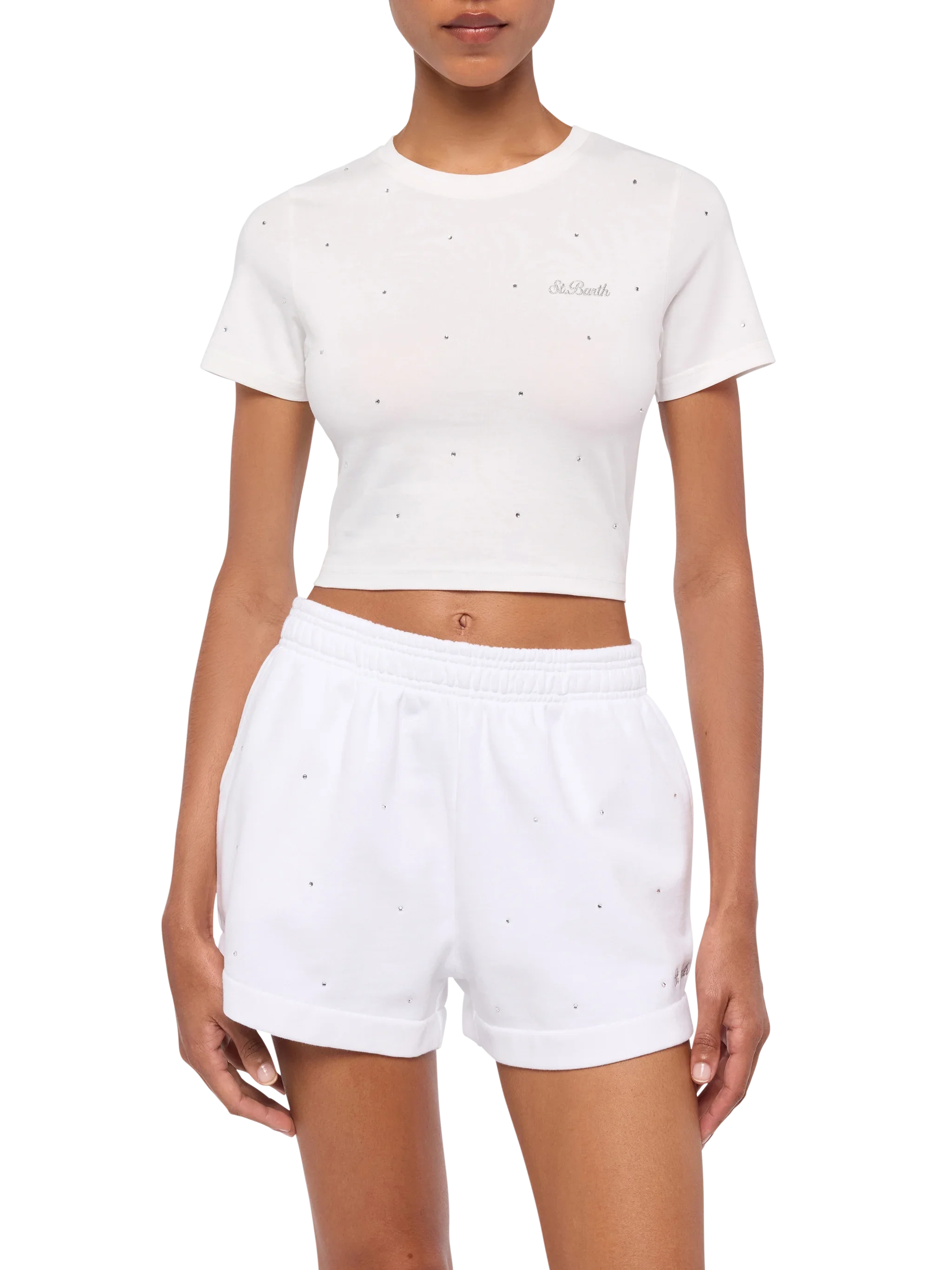White cotton Nives T-shirt with all-over rhinestones