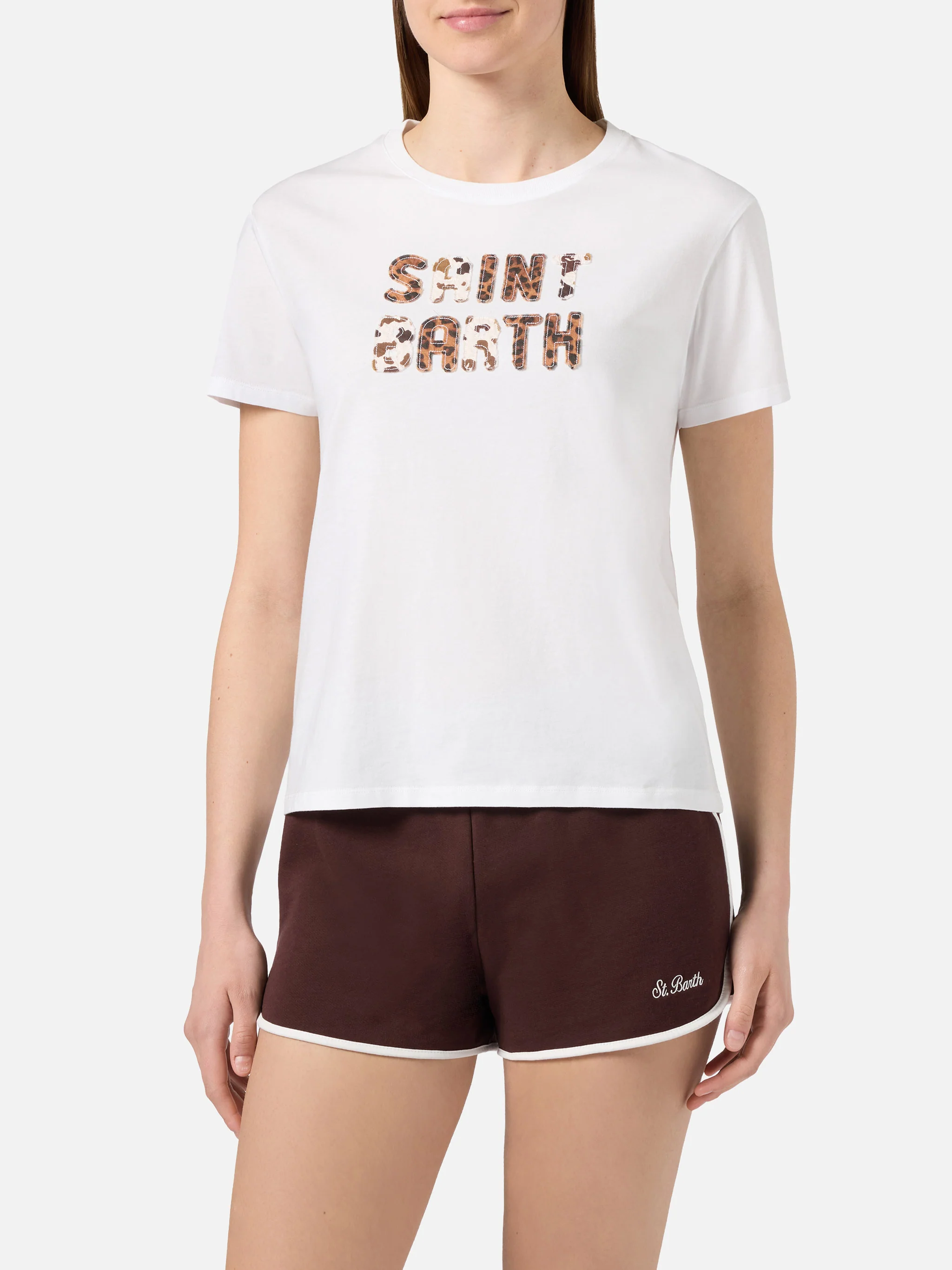 White Emilie T-shirt with embroidered animal print logo patch