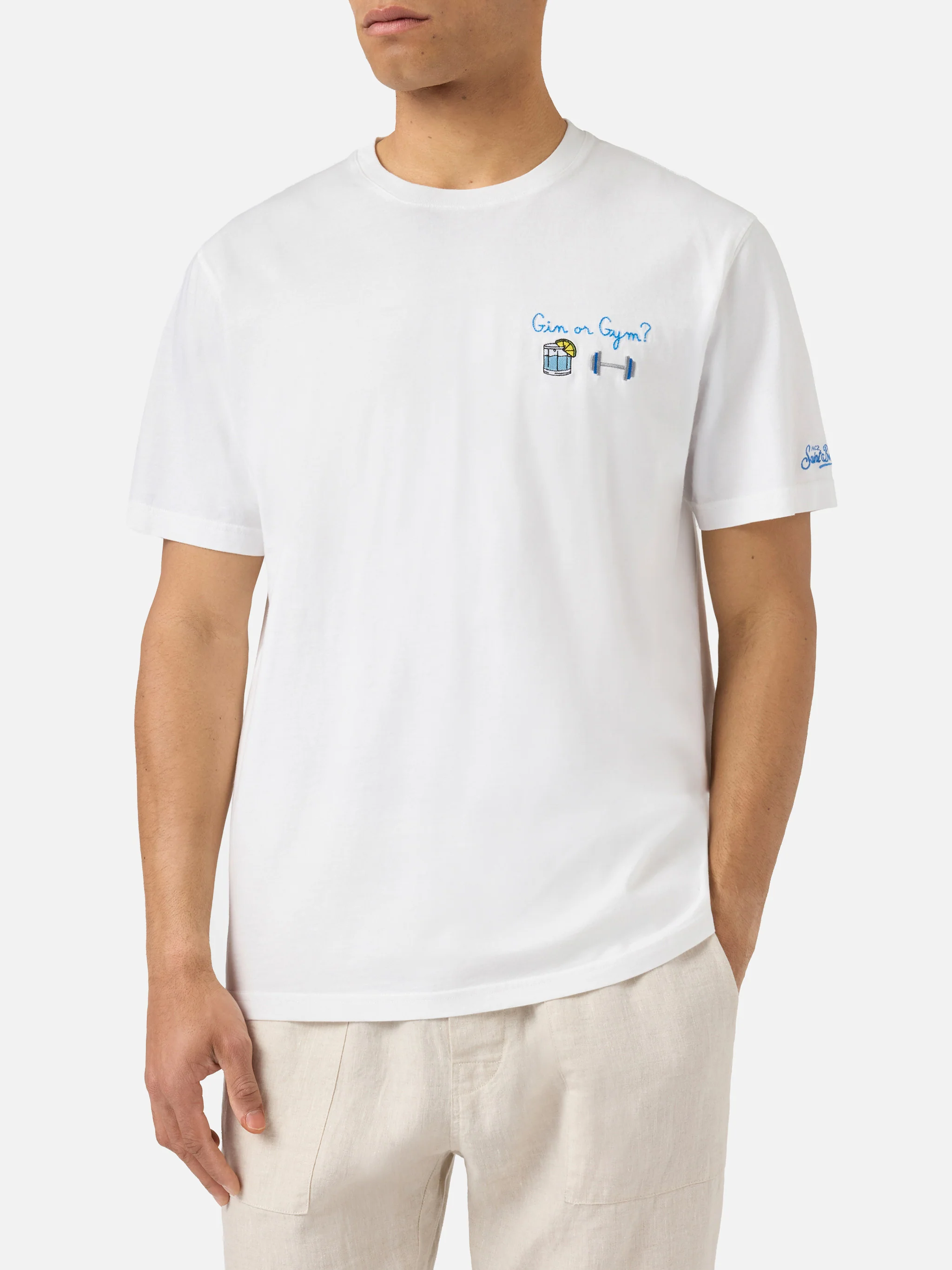 White Portofino T-shirt with Gin Or Gym? embroidery - Image 2