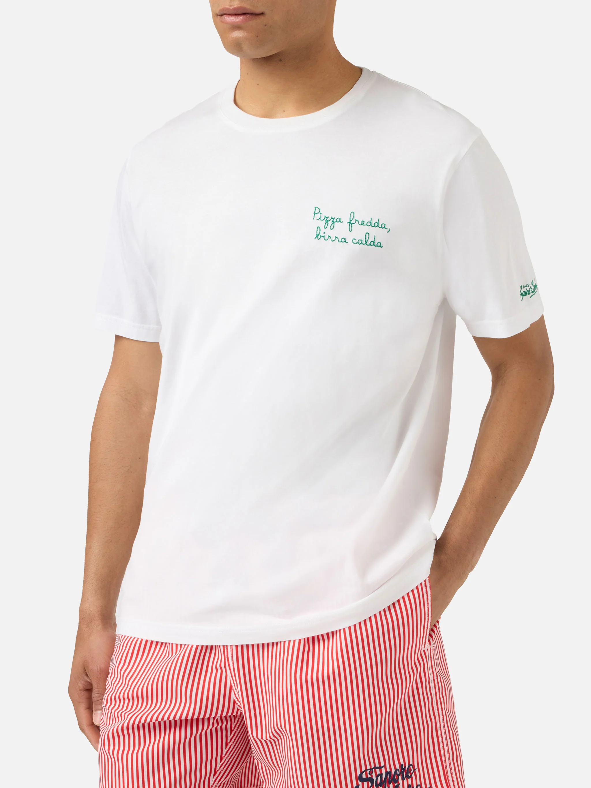 White Portofino T-shirt with Pizza Fredda Birra Calda embroidery - Image 2