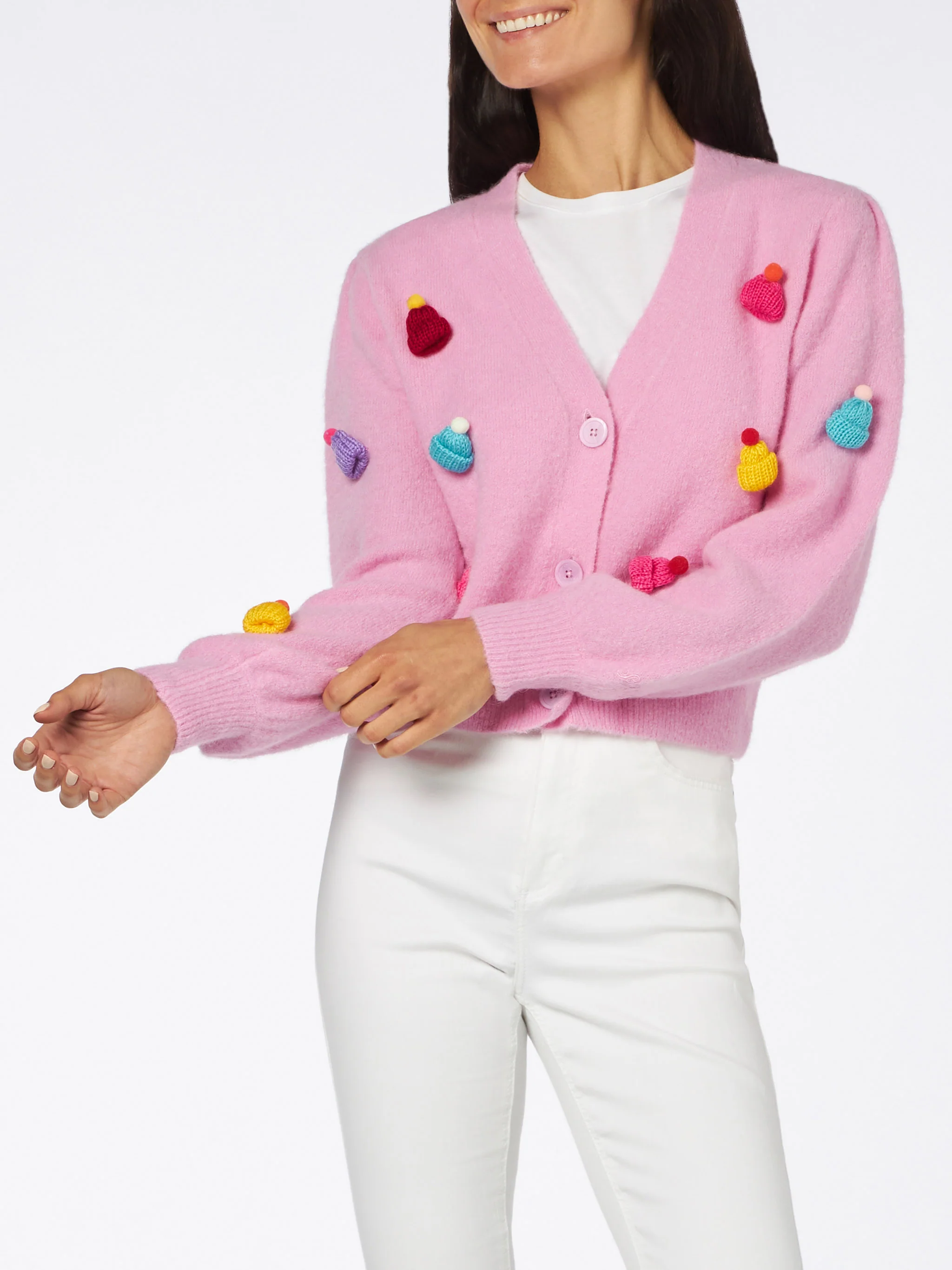 Lyza Soft cropped cardigan with crochet hearts