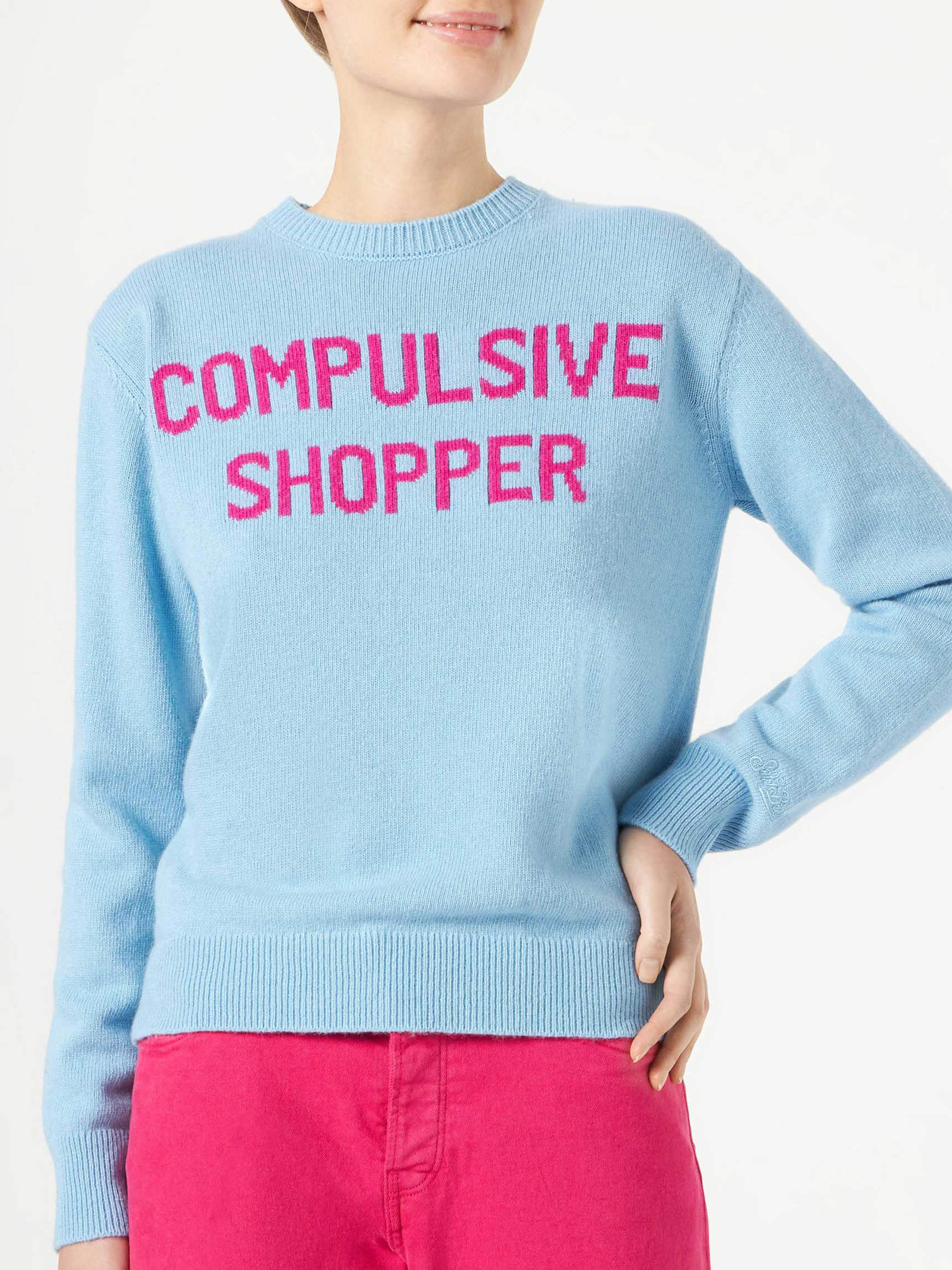 New Queen light blue sweater with Compulsive Shopper jacquard