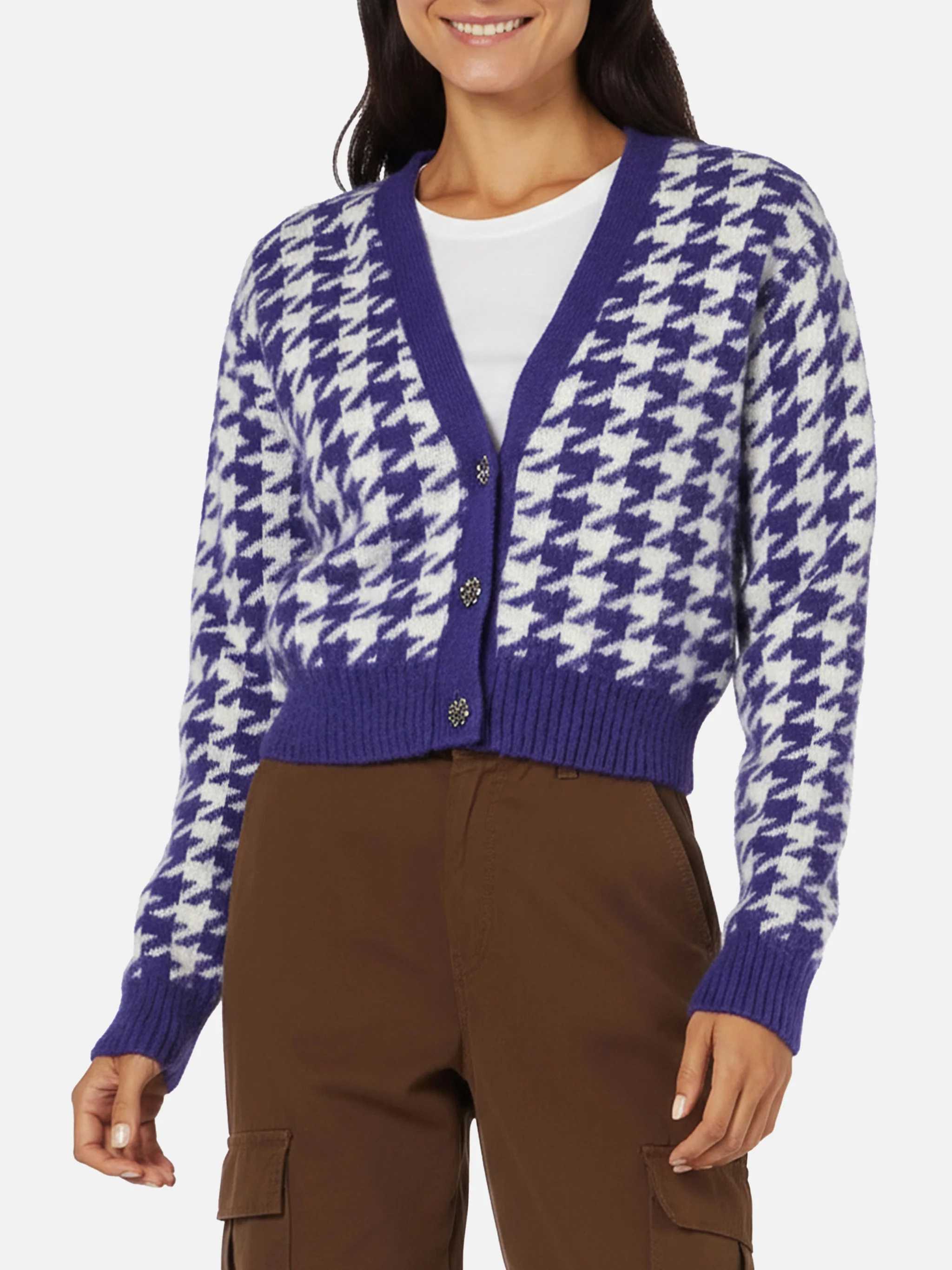 Purple pied de poule Megeve cropped cardigan