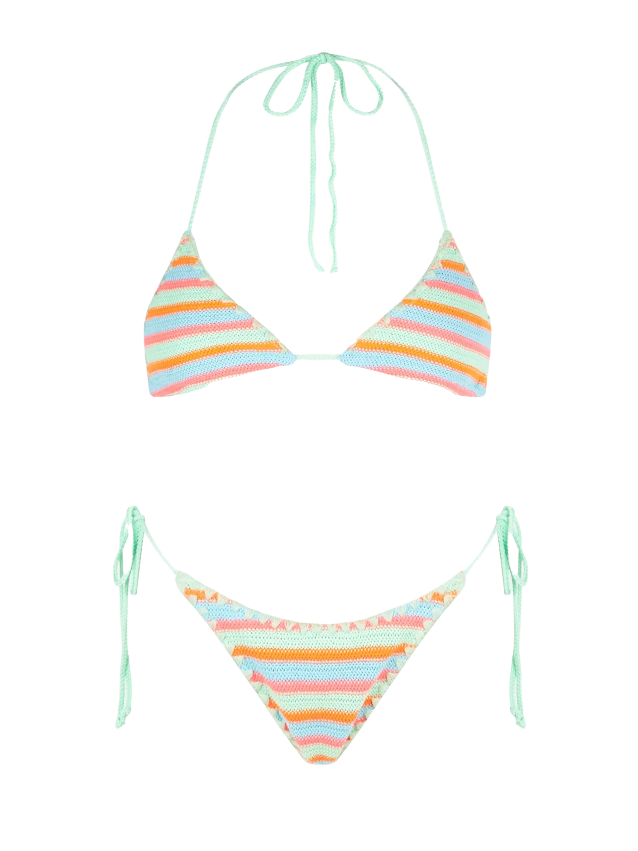 Leah Marielle striped crochet triangle bikini water green and fluo orange