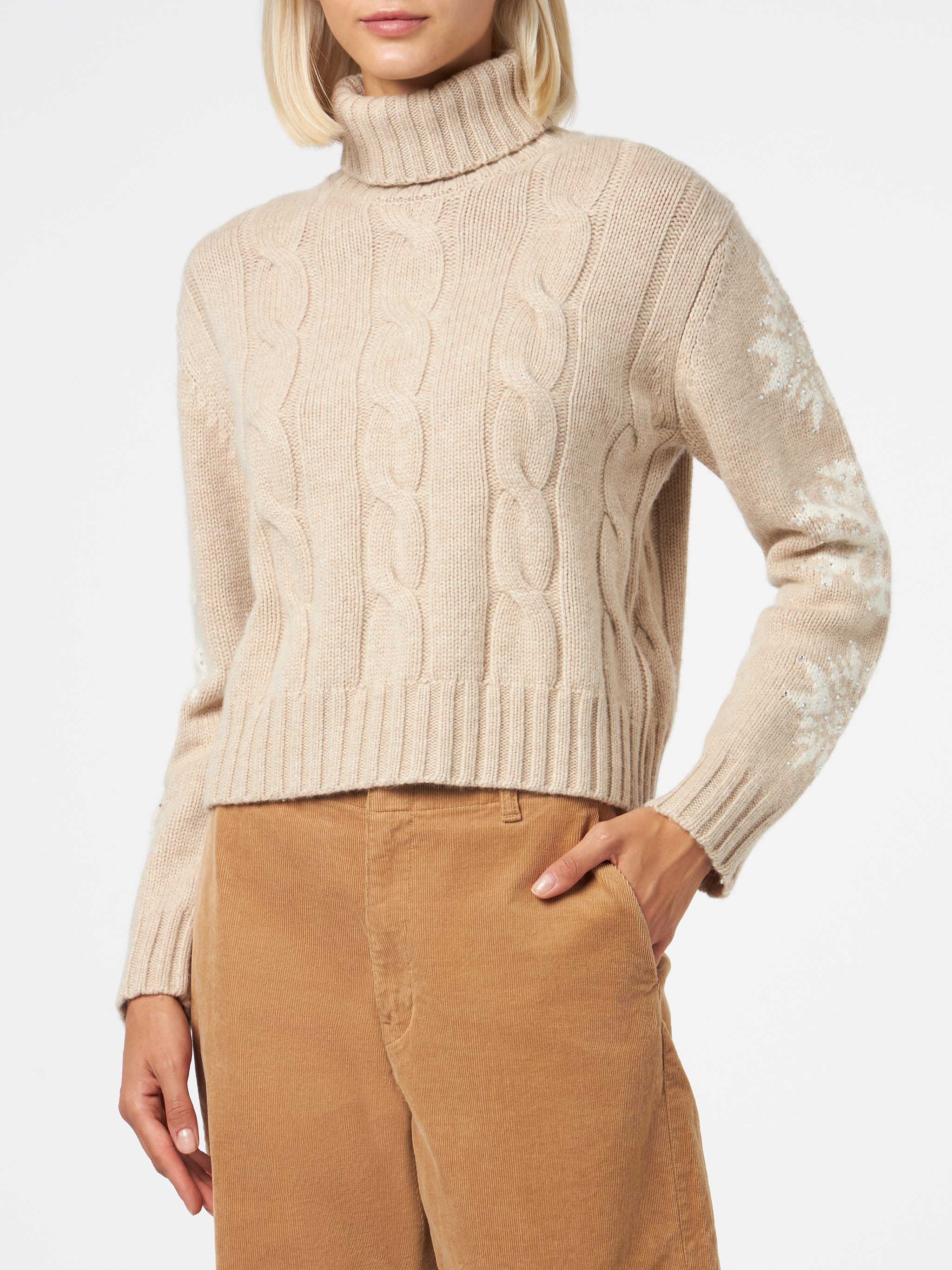 Adler beige cable knit turtleneck sweater with rhinestones