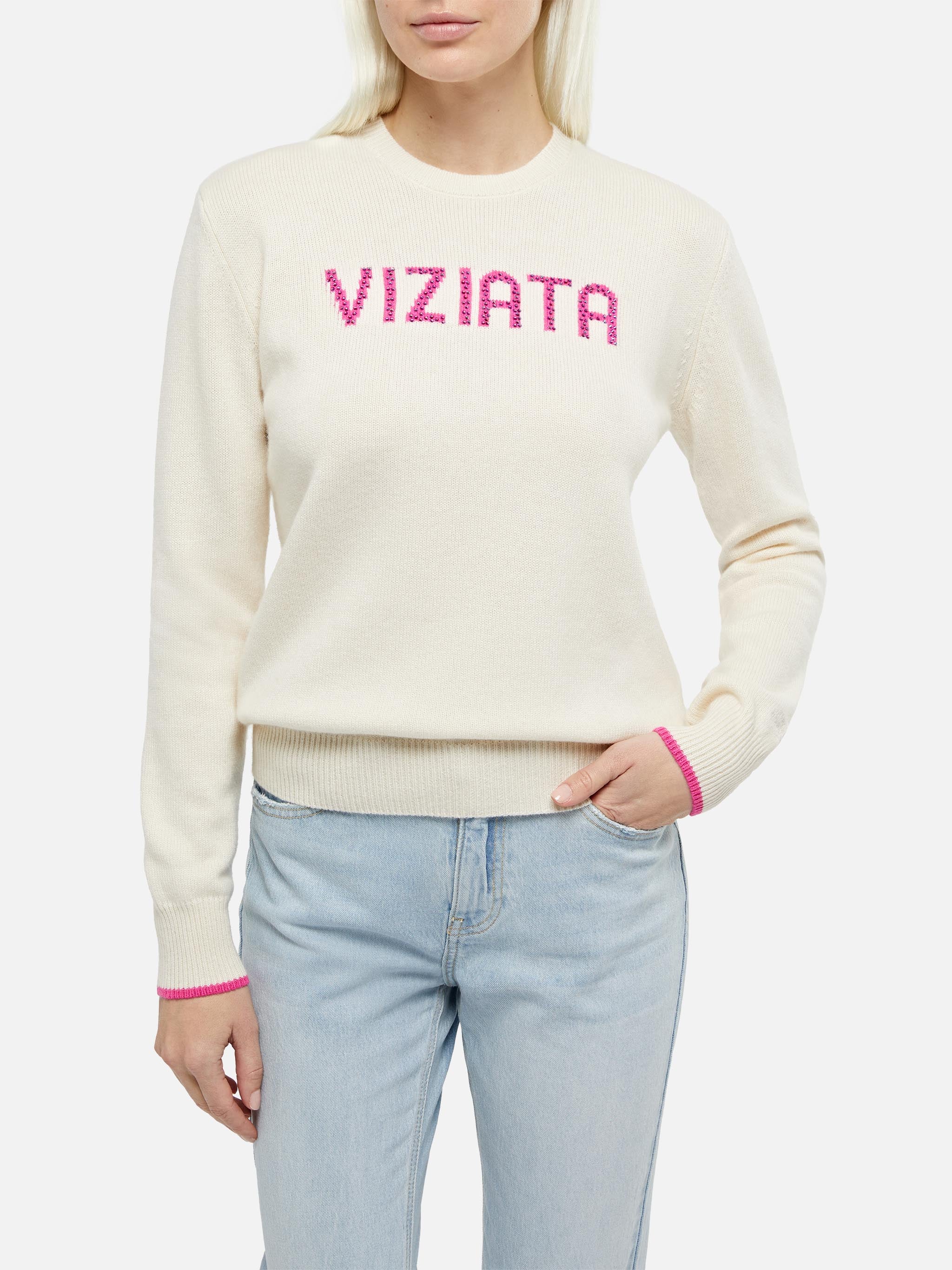 Maglia New Queen con jacquard Viziata e strass bianca
